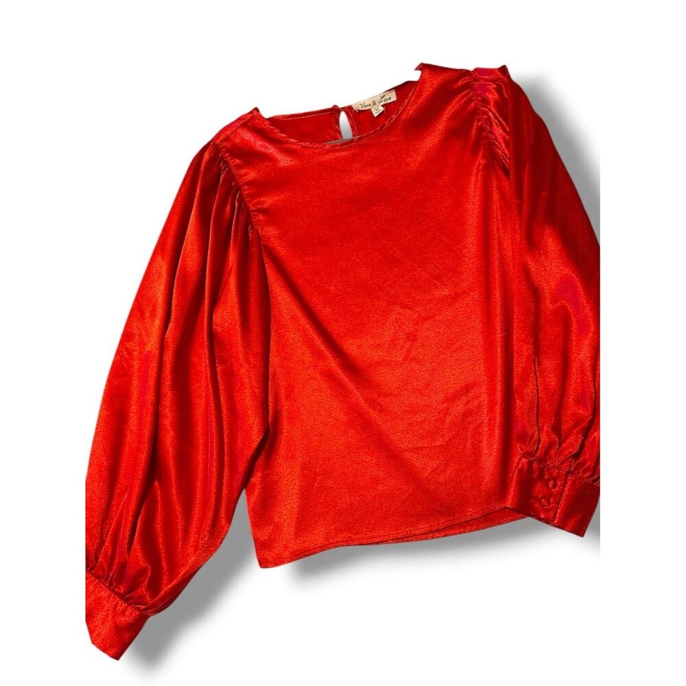 Vine & Love Red Satin Puff-Sleeve Blouse